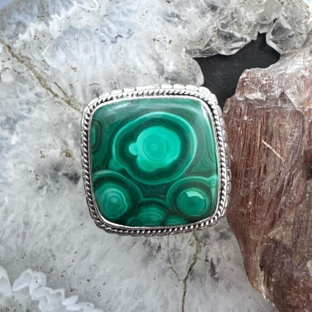 Sterling Silver Southwestern Style Square Malachite Decorated Ring Size 9.5 - Picture 5 of 10